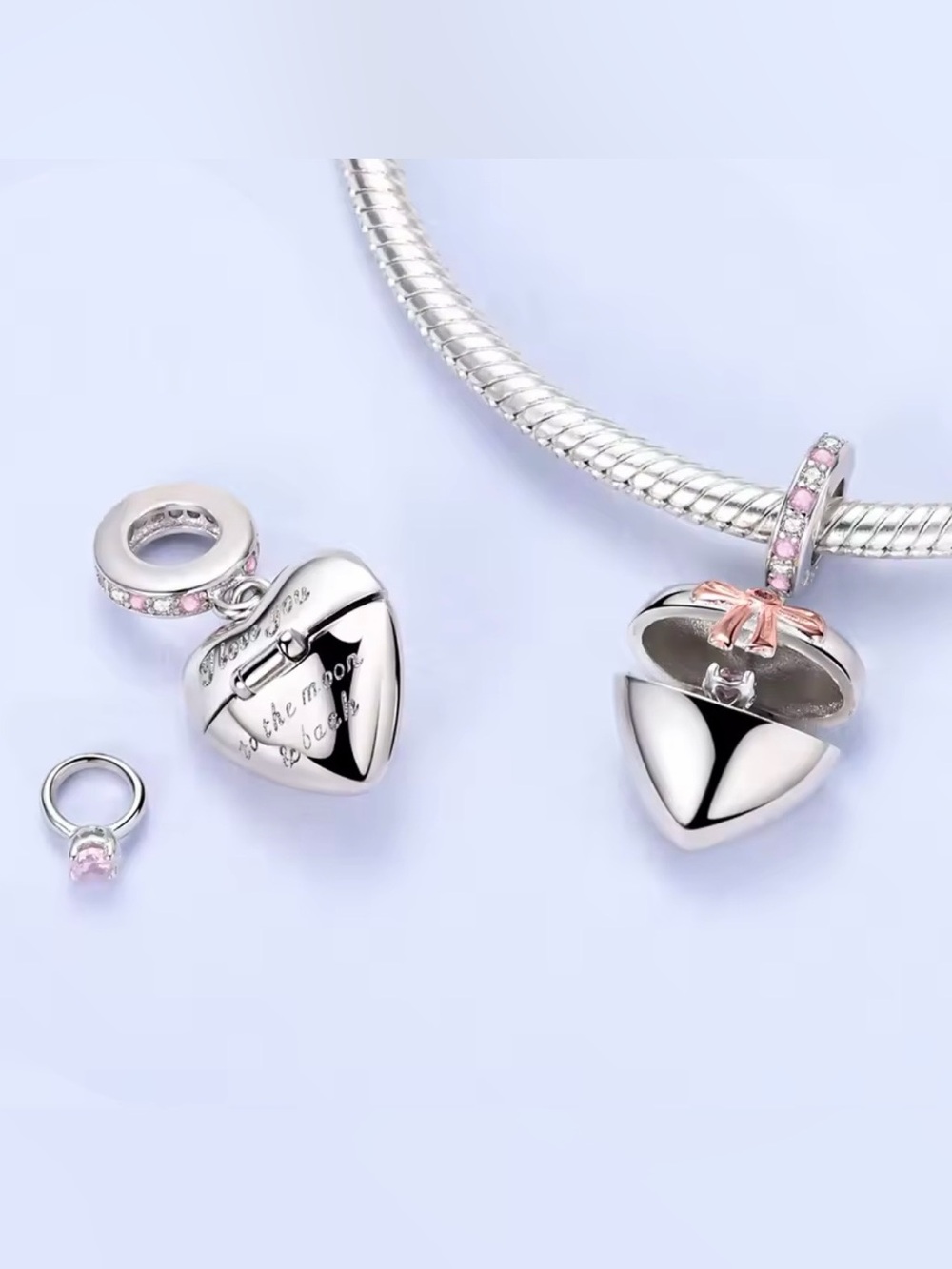 Pandora Silver Heart Locket Charms with Pink Accents